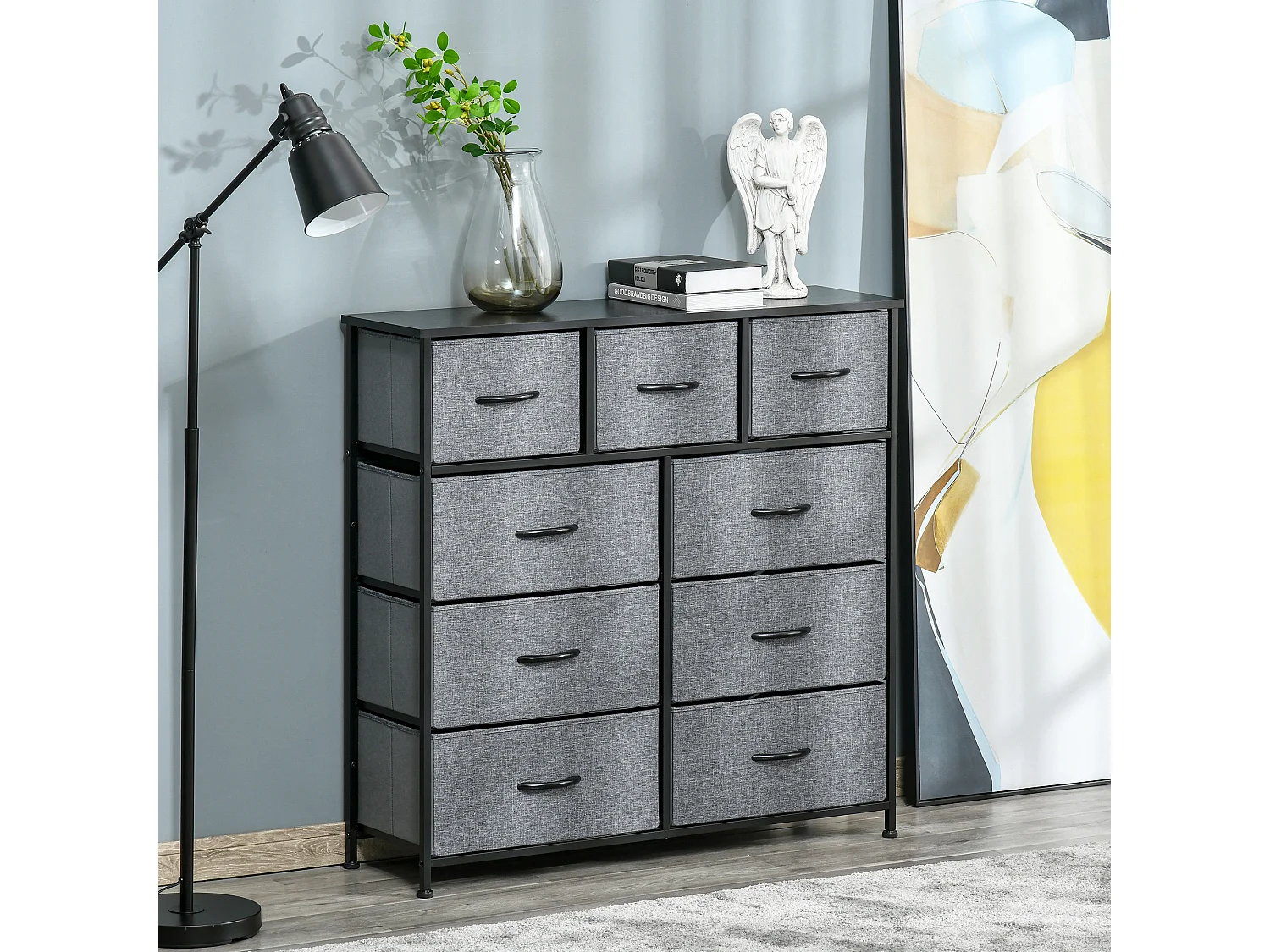 Meuble de rangement commode 9 tiroirs plateau acier MDF noir non tissé gris