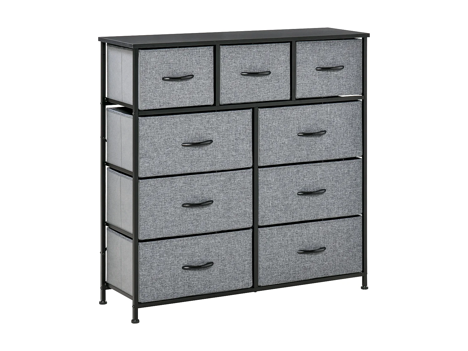 Meuble de rangement commode 9 tiroirs plateau acier MDF noir non tissé gris