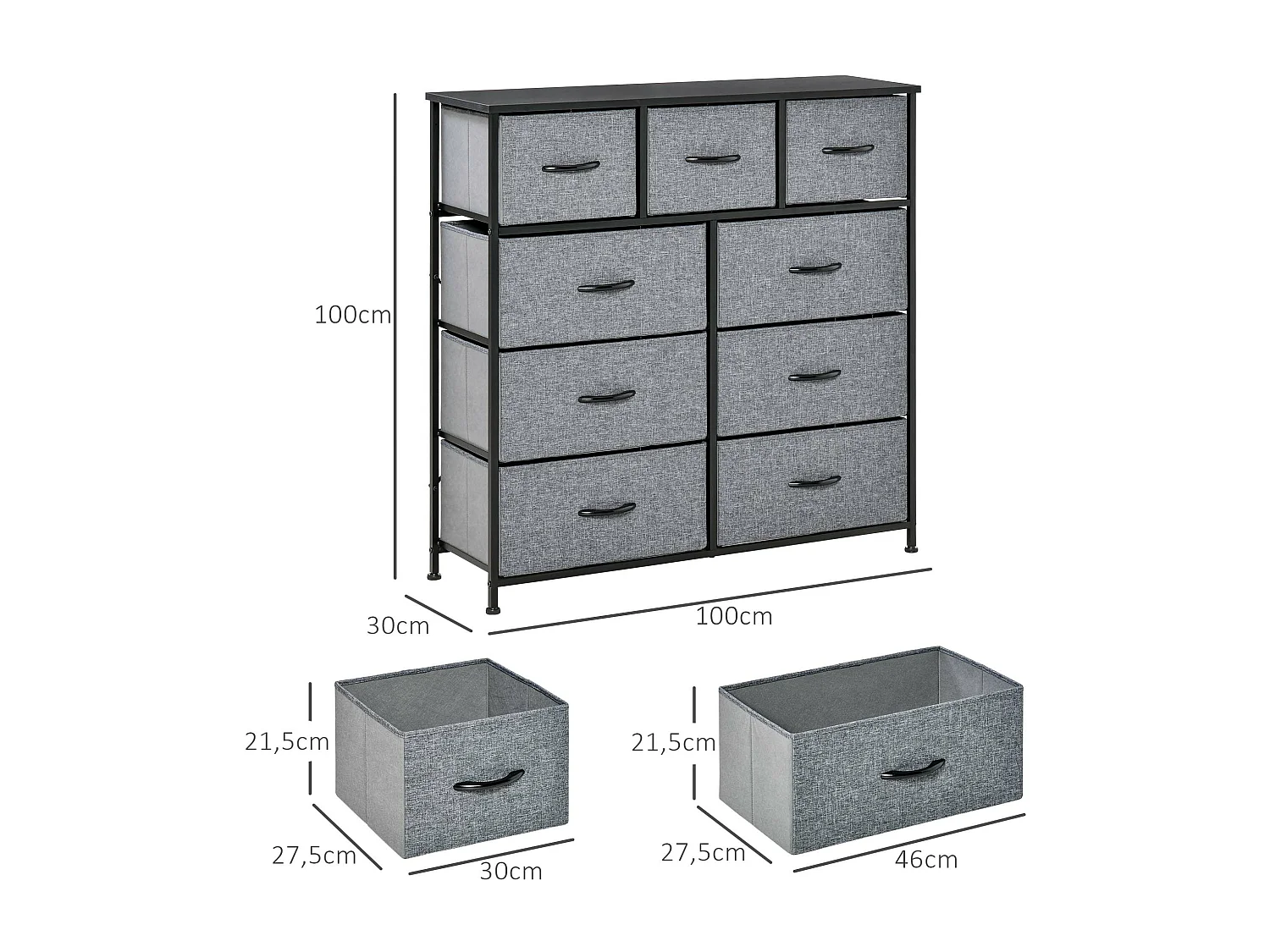 Meuble de rangement commode 9 tiroirs plateau acier MDF noir non tissé gris