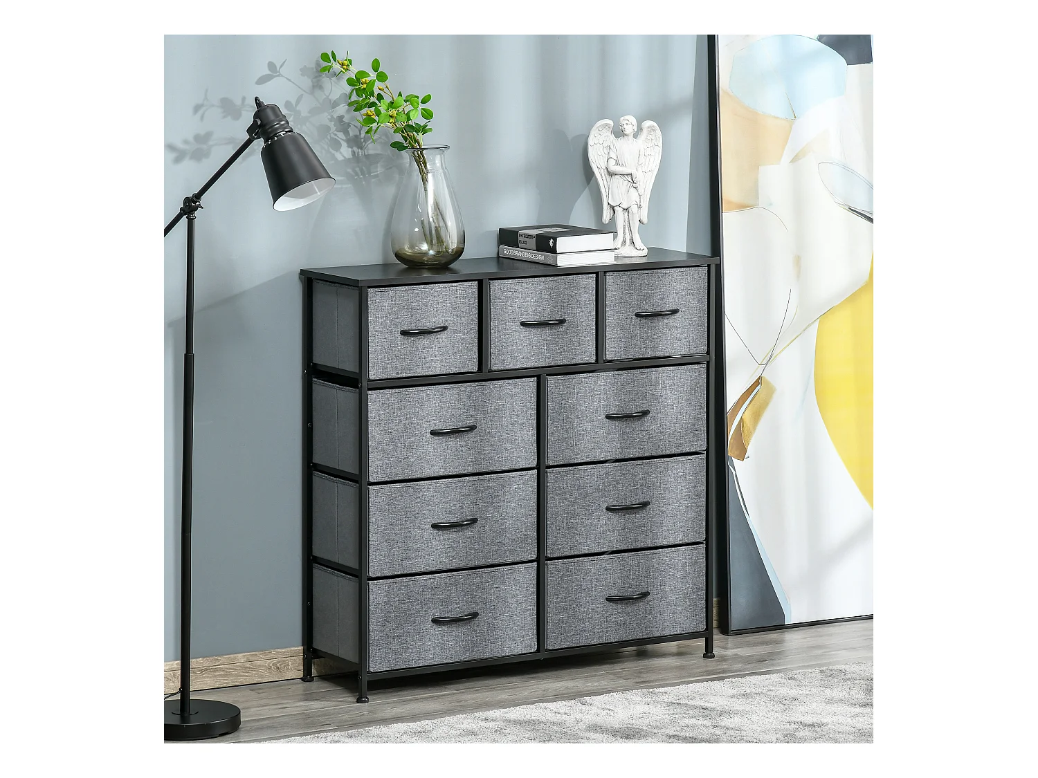 Meuble de rangement commode 9 tiroirs plateau acier MDF noir non tissé gris