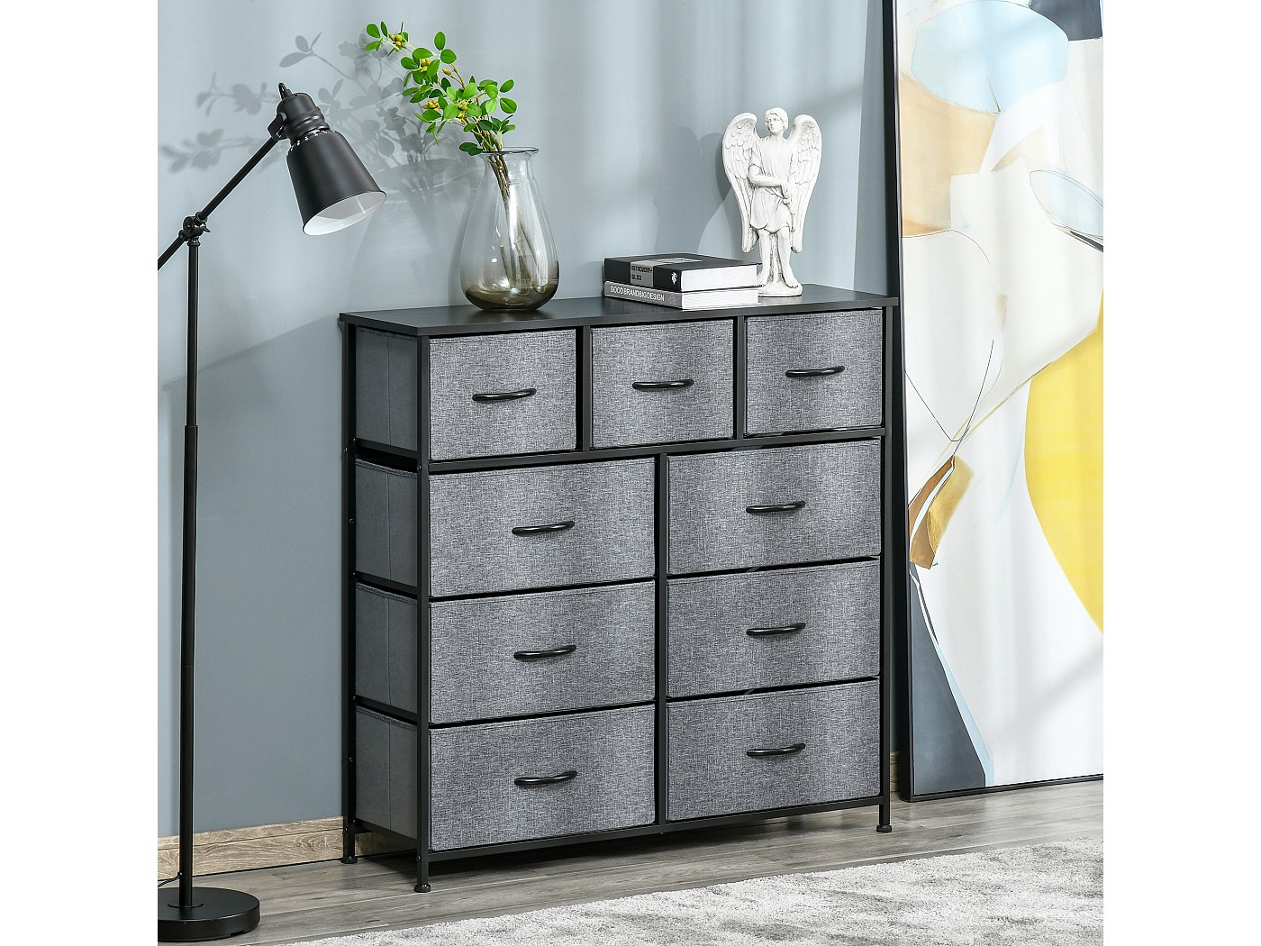Meuble de rangement commode 9 tiroirs plateau acier MDF noir non tissé gris