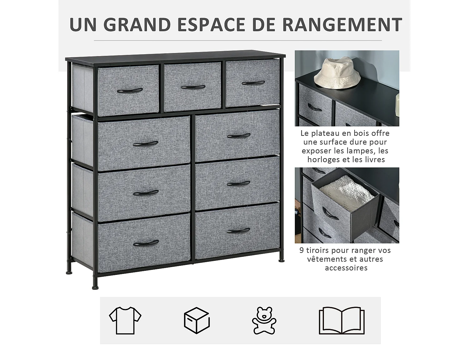 Meuble de rangement commode 9 tiroirs plateau acier MDF non tissé noir gris