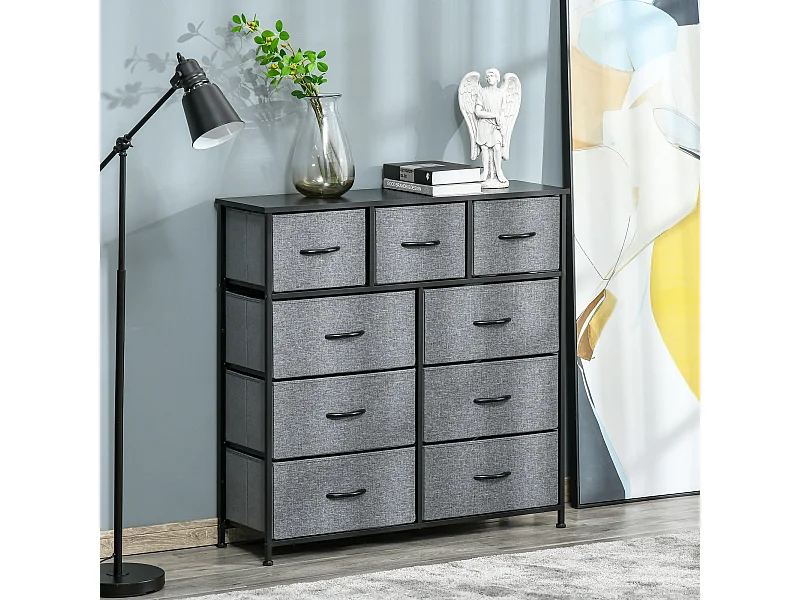 Meuble de rangement commode 9 tiroirs plateau acier MDF non tissé noir gris
