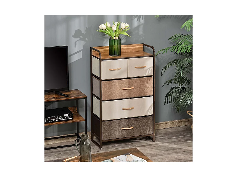 Commode meuble de rangement 5 tiroirs pliables en tissu 58 x 29 x 99 cm marron