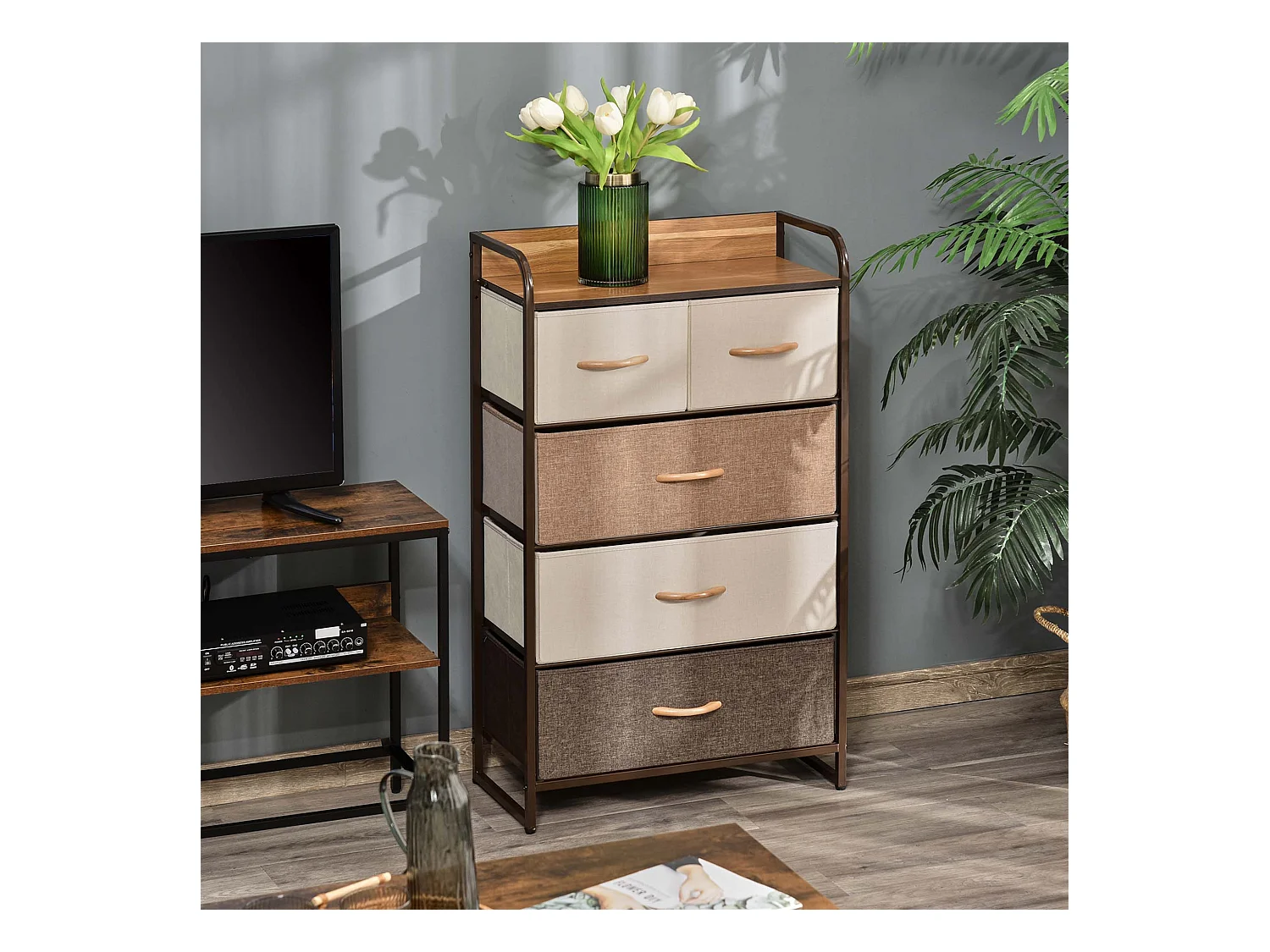 Commode meuble de rangement 5 tiroirs pliables en tissu 58 x 29 x 99 cm marron