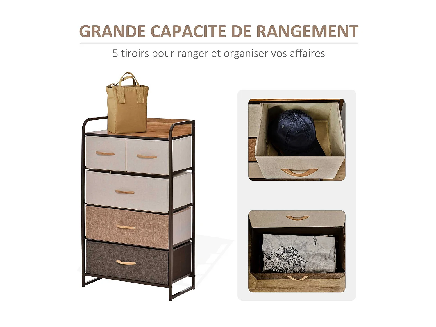 Commode meuble de rangement 5 tiroirs pliables en tissu 58 x 29 x 99 cm marron