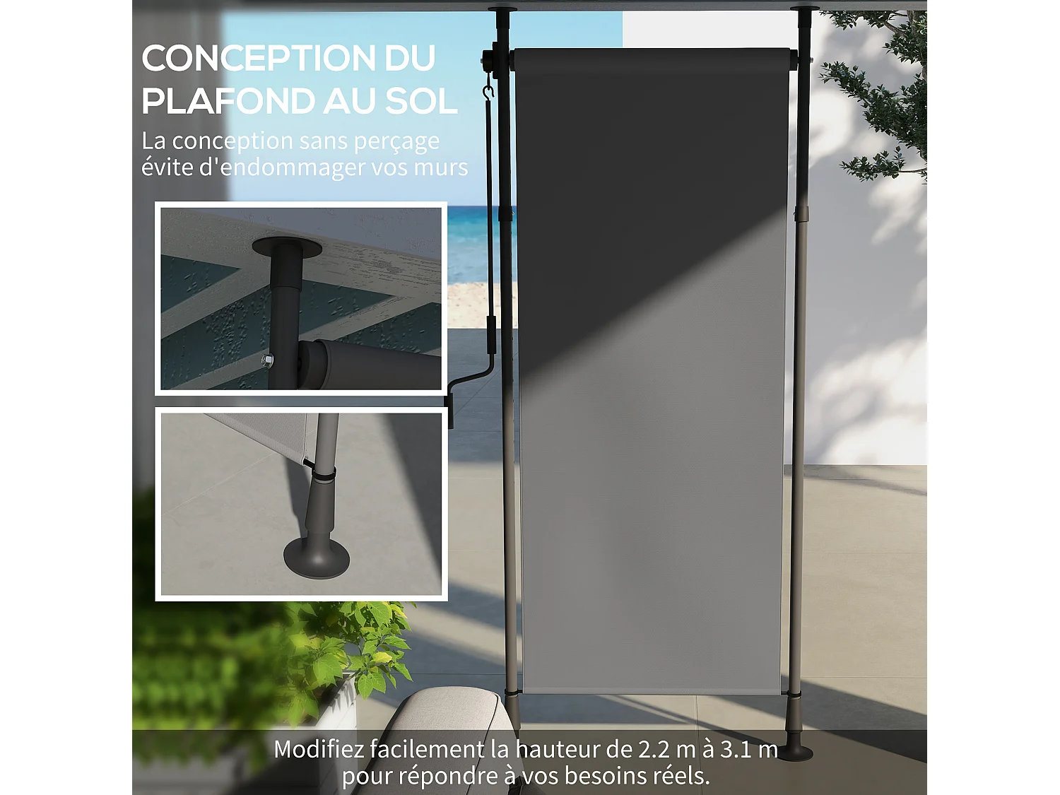 Store extérieur sur pied store manuel rétractable enroulable réglable gris foncé