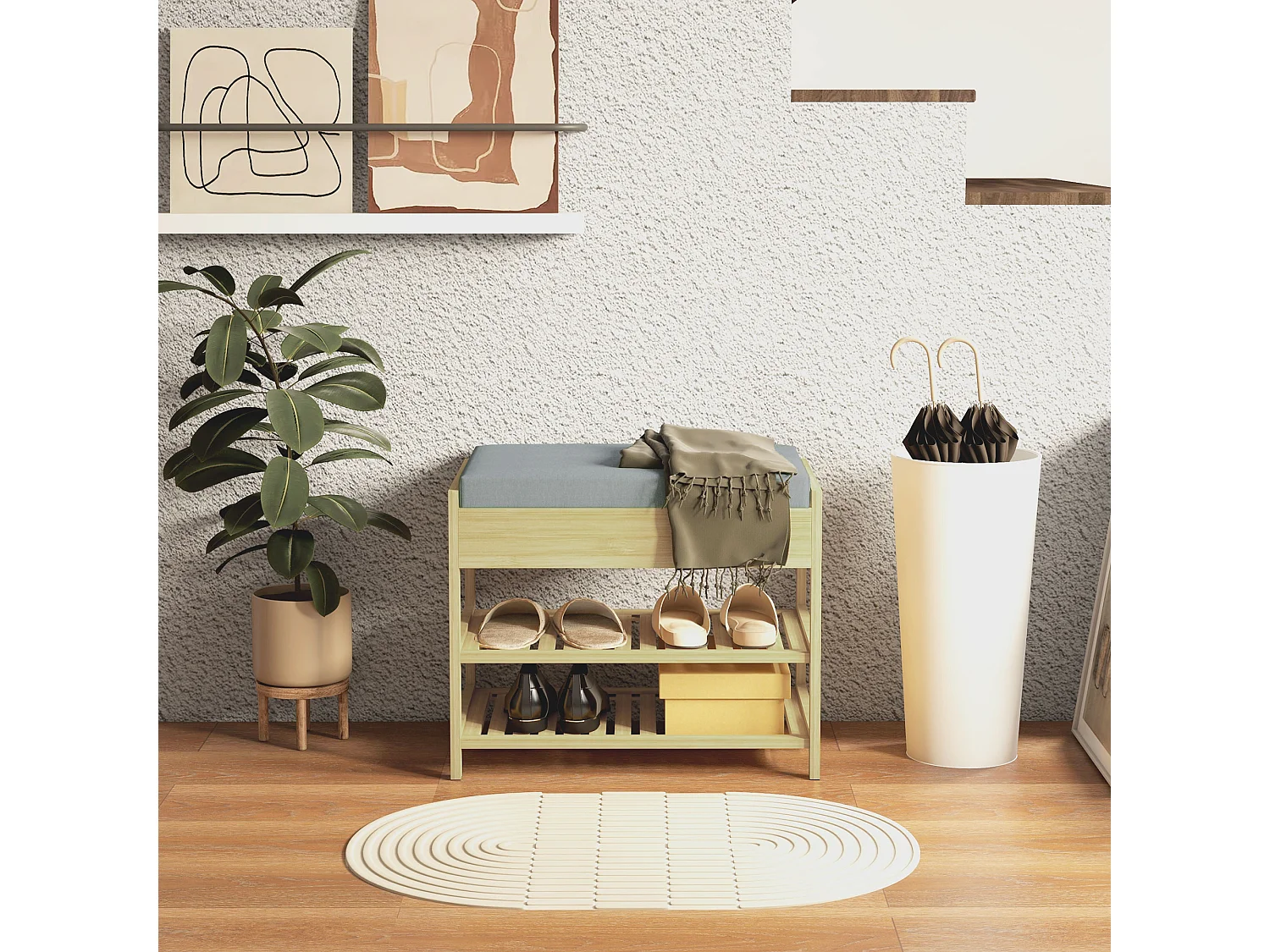 Banc à chaussures style cosy naturel 2 étagères avec coussin bambou