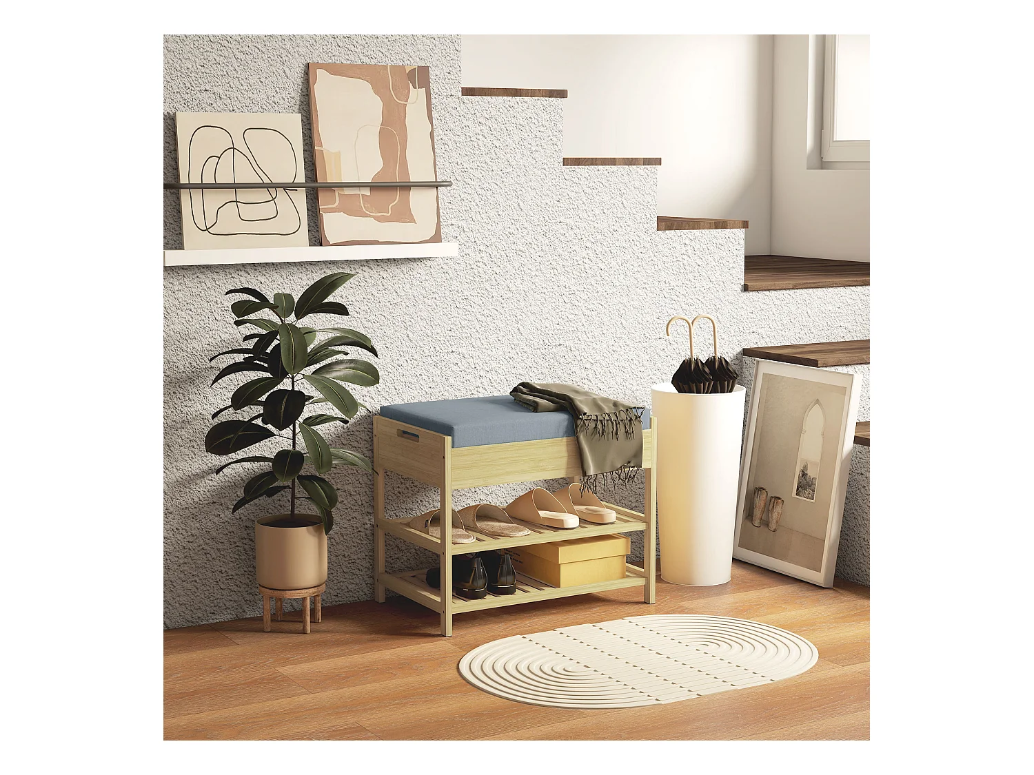 Banc à chaussures style cosy naturel 2 étagères avec coussin bambou