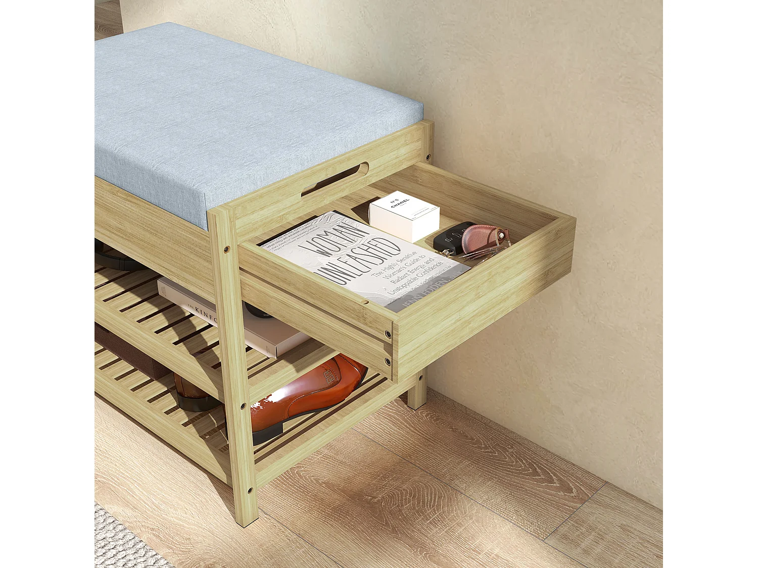 Banc à chaussures style cosy naturel 2 étagères avec coussin bambou