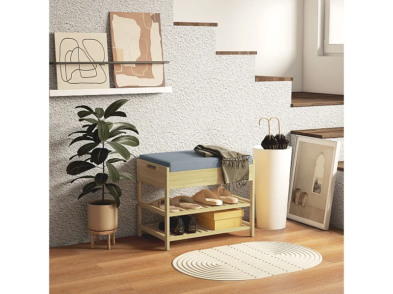 Banc à chaussures style cosy naturel 2 étagères avec coussin bambou