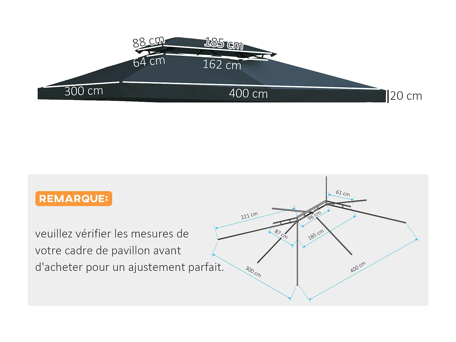 Toile de rechange pour pavillon tonnelle tente 3 x 4 m polyester haute densité 180 g/m² gris foncé