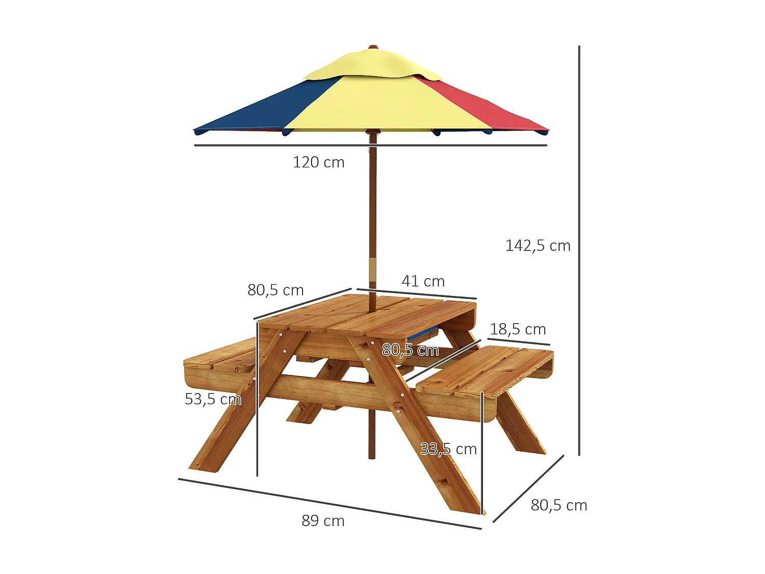 Ensemble table de pique-nique enfant 4 places avec parasol et 2 bacs