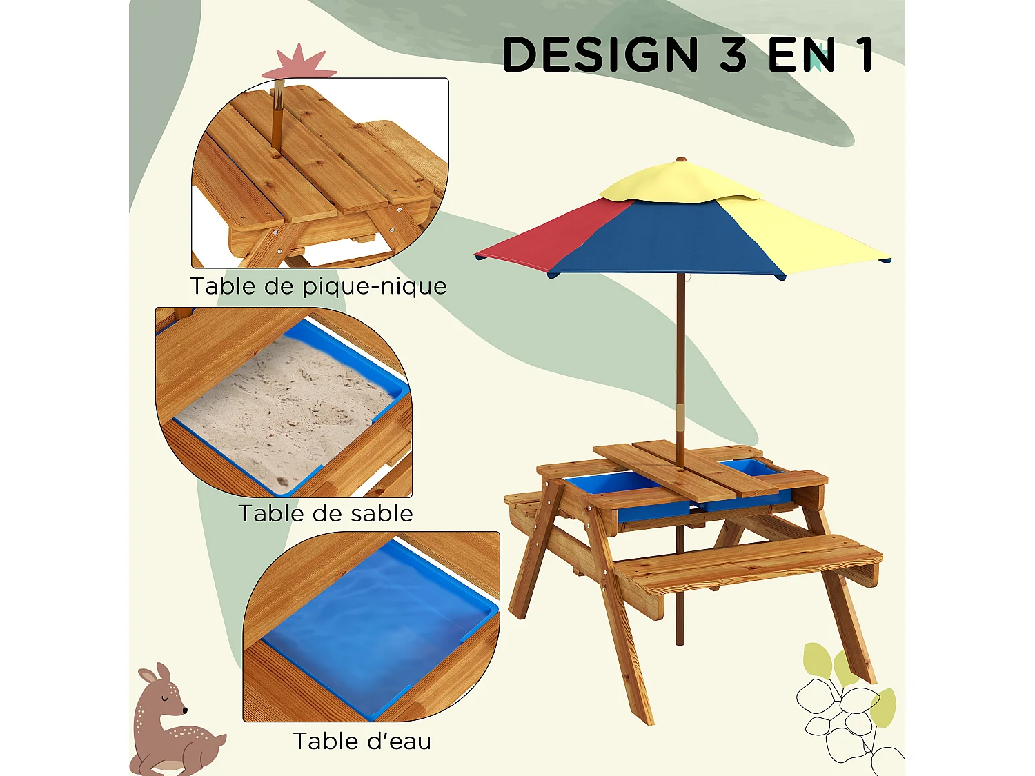Ensemble table de pique-nique enfant 4 places avec parasol et 2 bacs