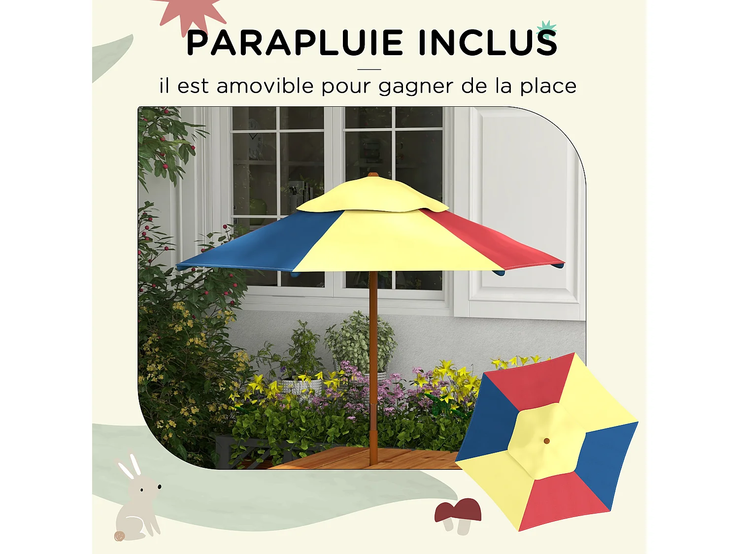 Ensemble table de pique-nique enfant 4 places avec parasol et 2 bacs