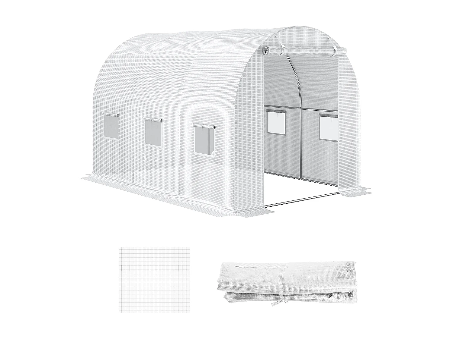 Bâche de rechange serre tunnel 6 m², bâche dim. 3L x 2l x 2H m PE anti-UV imperméable 6 fenêtres + porte enroulable zippée blanc