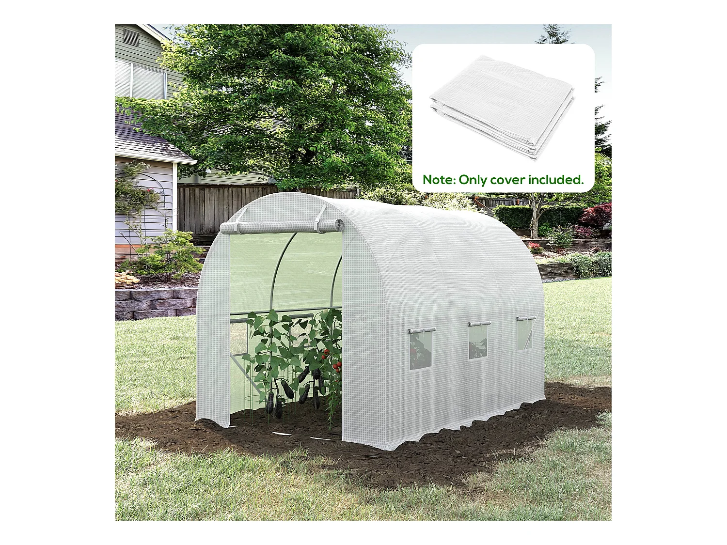 Bâche de rechange serre tunnel 6 m², bâche dim. 3L x 2l x 2H m PE anti-UV imperméable 6 fenêtres + porte enroulable zippée blanc