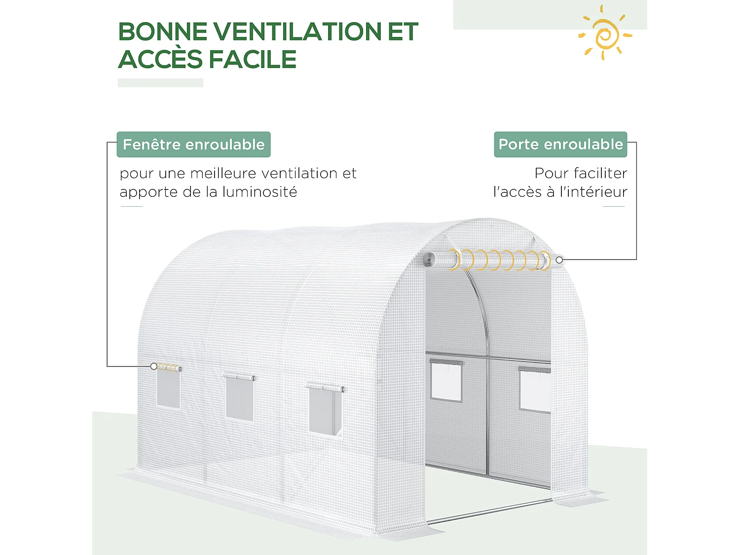 Bâche de rechange serre tunnel 6 m², bâche dim. 3L x 2l x 2H m PE anti-UV imperméable 6 fenêtres + porte enroulable zippée blanc