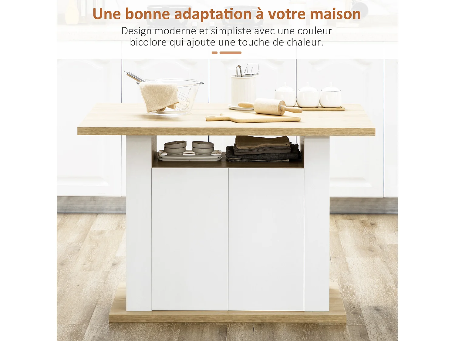 Table à manger ilot central cuisine 4-6 personnes blanc naturel