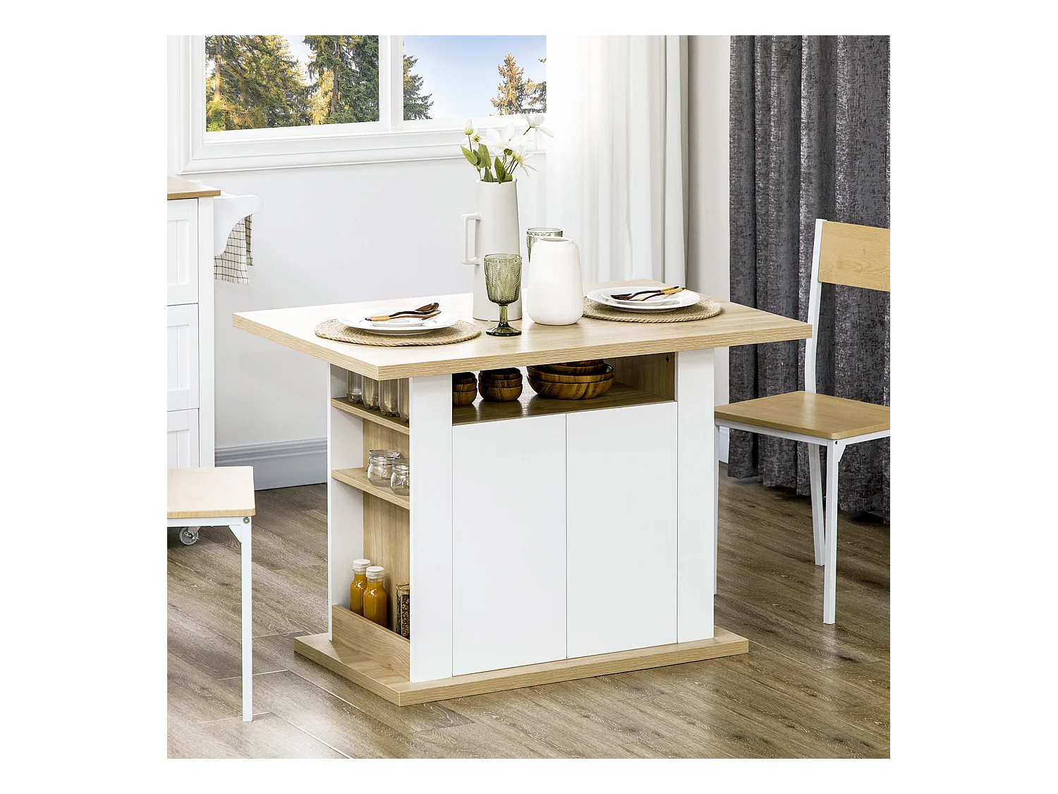 Table à manger ilot central cuisine 4-6 personnes blanc naturel