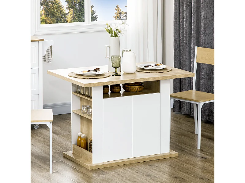 Table à manger ilot central cuisine 4-6 personnes blanc naturel