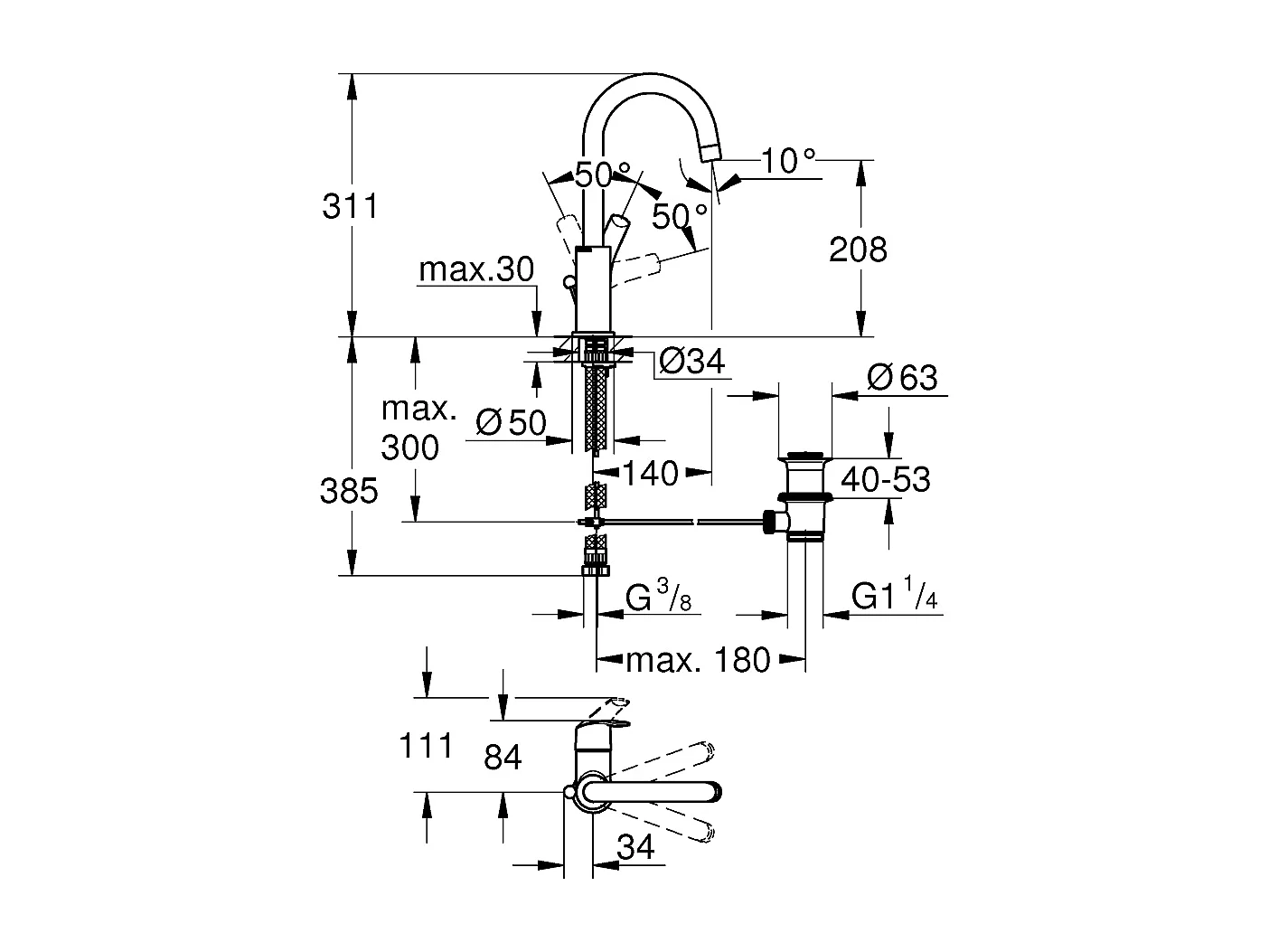 Waschtischarmatur GROHE Eurosmart L Hoher Auslauf Schwenkbar 360° Chrom Wassereinsparung
