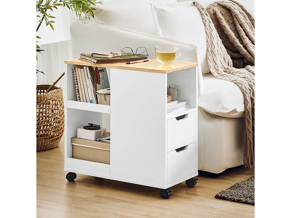 SoBuy Bijzetbank, Bijzettafel met 2 Laden, Open Compartiment, Opbergmeubel op Wielen, Trolley voor Woonkamer, Kantoor, Slaapkamer, Wit, L60xD30xH60cm, FBT130-WN