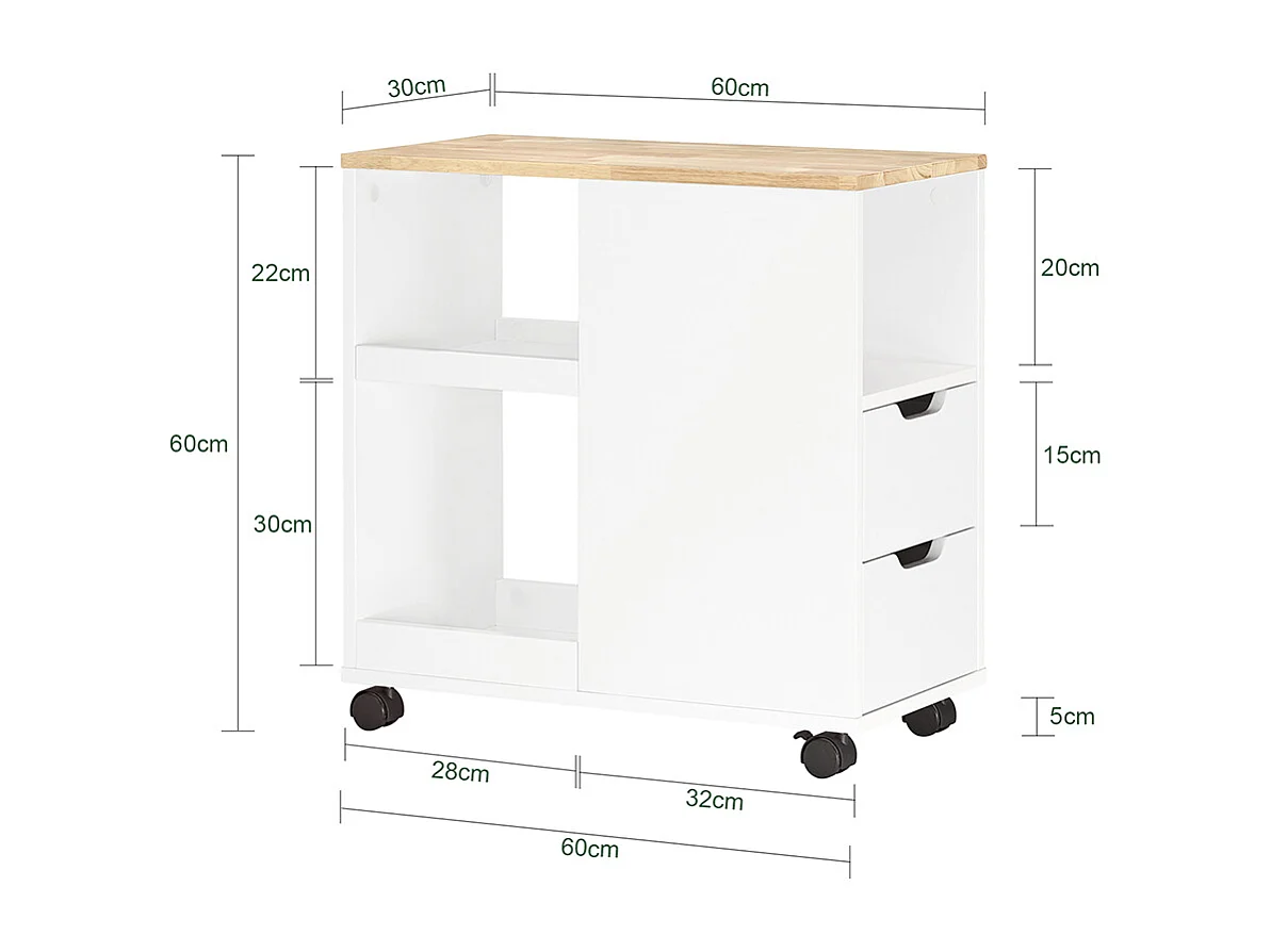 SoBuy Bijzetbank, Bijzettafel met 2 Laden, Open Compartiment, Opbergmeubel op Wielen, Trolley voor Woonkamer, Kantoor, Slaapkamer, Wit, L60xD30xH60cm, FBT130-WN