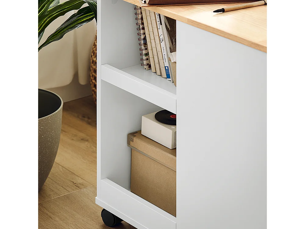 SoBuy Bijzetbank, Bijzettafel met 2 Laden, Open Compartiment, Opbergmeubel op Wielen, Trolley voor Woonkamer, Kantoor, Slaapkamer, Wit, L60xD30xH60cm, FBT130-WN