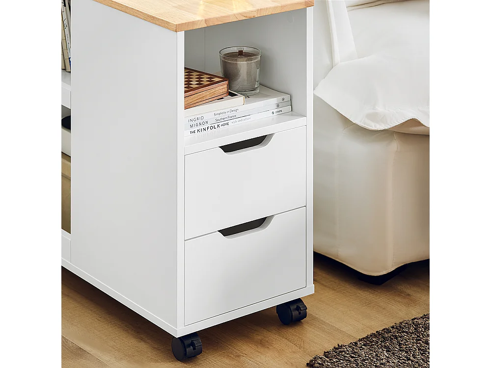 SoBuy Bijzetbank, Bijzettafel met 2 Laden, Open Compartiment, Opbergmeubel op Wielen, Trolley voor Woonkamer, Kantoor, Slaapkamer, Wit, L60xD30xH60cm, FBT130-WN