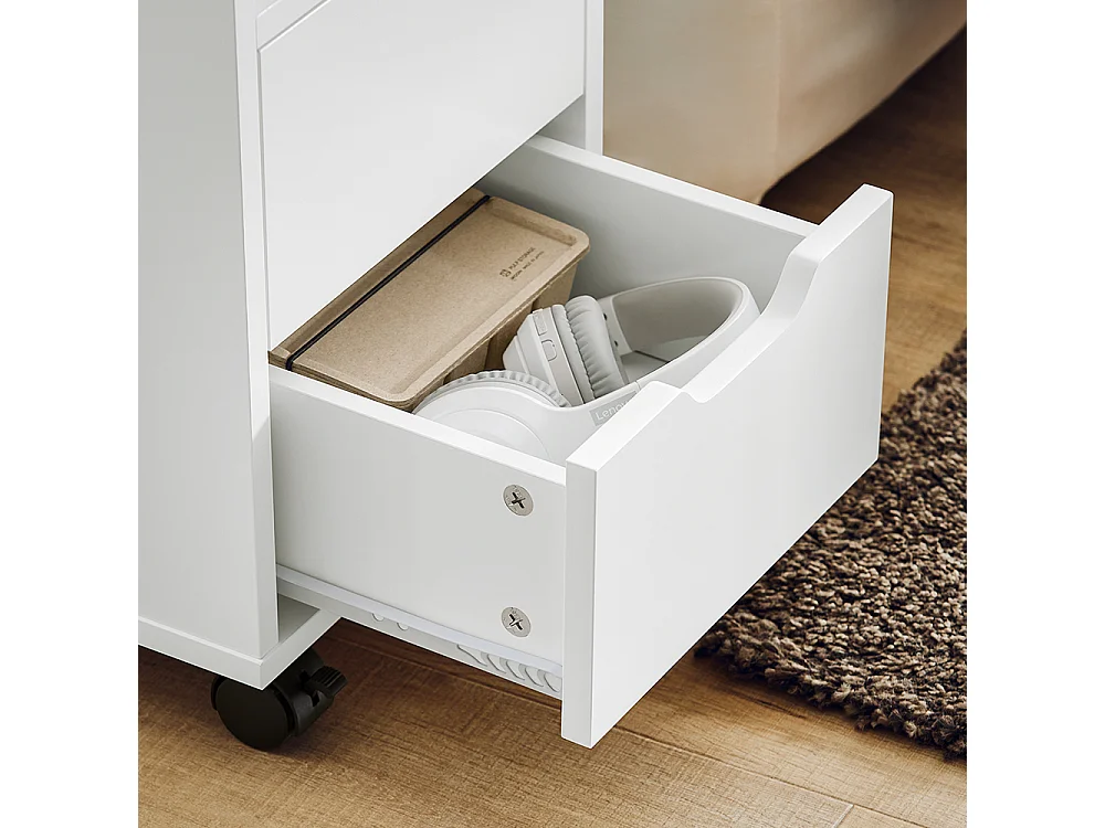 SoBuy Bijzetbank, Bijzettafel met 2 Laden, Open Compartiment, Opbergmeubel op Wielen, Trolley voor Woonkamer, Kantoor, Slaapkamer, Wit, L60xD30xH60cm, FBT130-WN