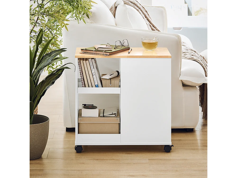 SoBuy Bijzetbank, Bijzettafel met 2 Laden, Open Compartiment, Opbergmeubel op Wielen, Trolley voor Woonkamer, Kantoor, Slaapkamer, Wit, L60xD30xH60cm, FBT130-WN