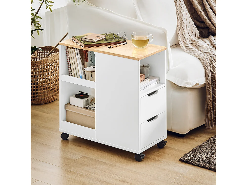 SoBuy Bijzetbank, Bijzettafel met 2 Laden, Open Compartiment, Opbergmeubel op Wielen, Trolley voor Woonkamer, Kantoor, Slaapkamer, Wit, L60xD30xH60cm, FBT130-WN