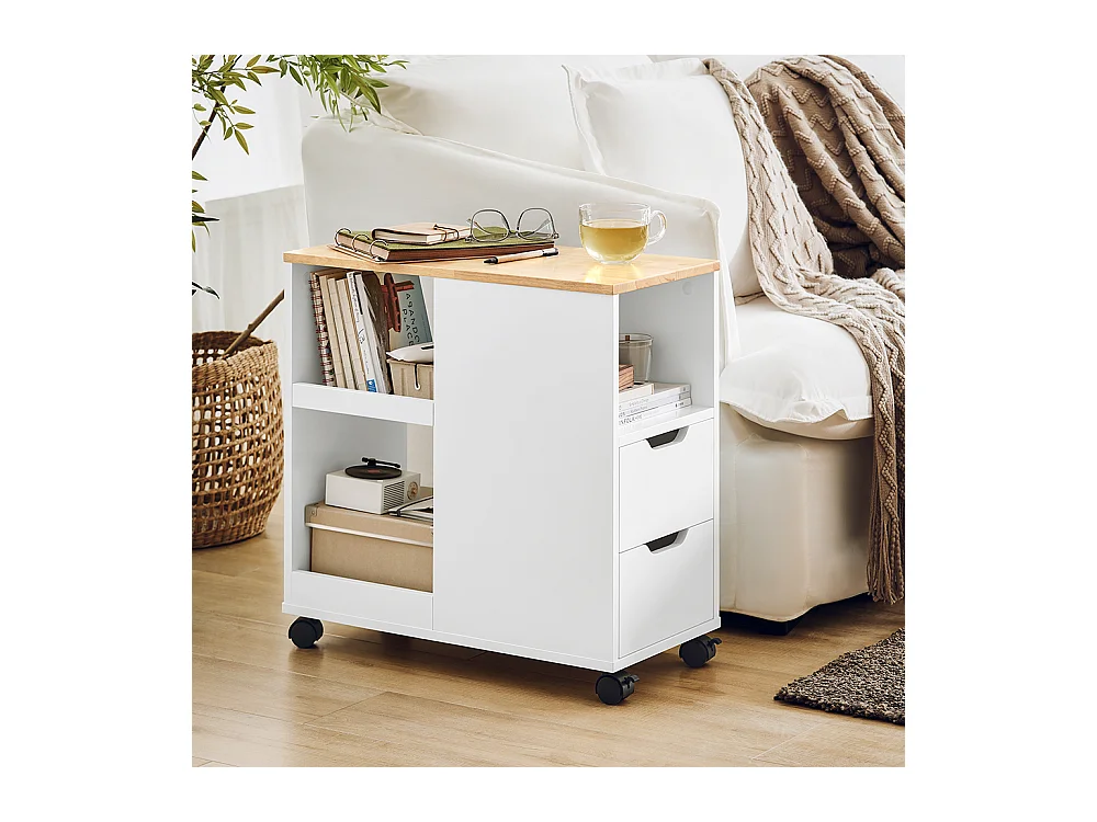 SoBuy FBT130-WN Bout de Canapé, Table d'appoint avec 2 Tiroirs, Compartiment Ouvert, Meuble de Rangement à roulettes, Chariot