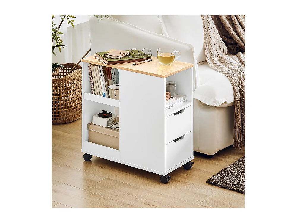 SoBuy FBT130-WN Bout de Canapé, Table d'appoint avec 2 Tiroirs, Compartiment Ouvert, Meuble de Rangement à roulettes, Chariot