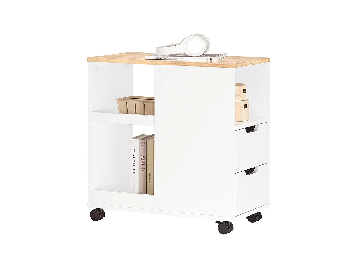 SoBuy FBT130-WN Bout de Canapé, Table d'appoint avec 2 Tiroirs, Compartiment Ouvert, Meuble de Rangement à roulettes, Chariot