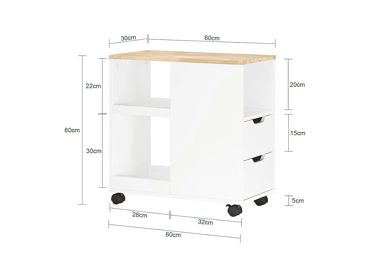 SoBuy FBT130-WN Bout de Canapé, Table d'appoint avec 2 Tiroirs, Compartiment Ouvert, Meuble de Rangement à roulettes, Chariot