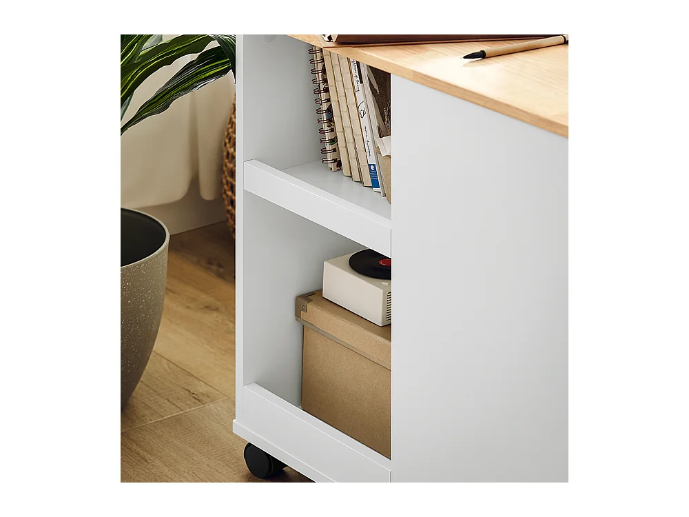 SoBuy FBT130-WN Bout de Canapé, Table d'appoint avec 2 Tiroirs, Compartiment Ouvert, Meuble de Rangement à roulettes, Chariot