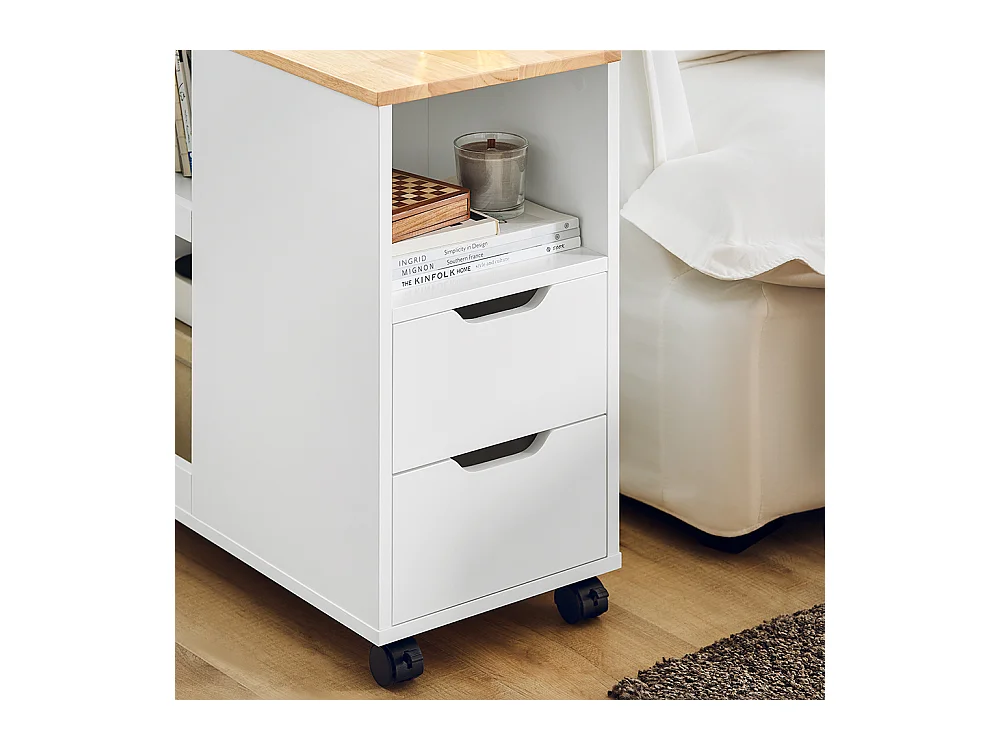 SoBuy FBT130-WN Bout de Canapé, Table d'appoint avec 2 Tiroirs, Compartiment Ouvert, Meuble de Rangement à roulettes, Chariot