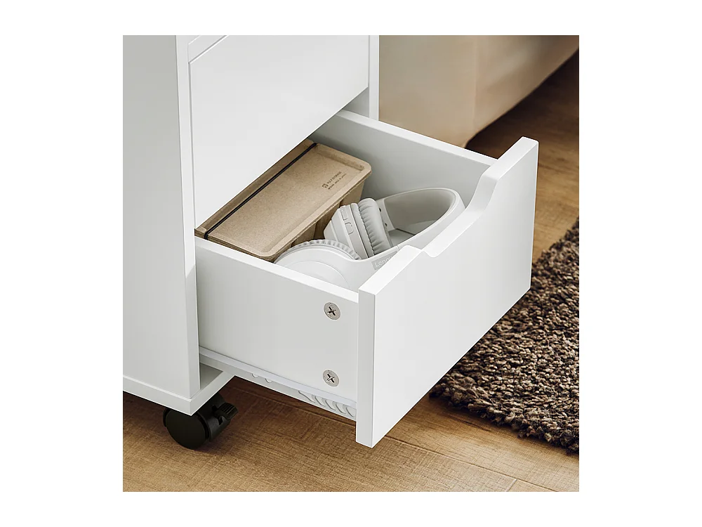 SoBuy FBT130-WN Bout de Canapé, Table d'appoint avec 2 Tiroirs, Compartiment Ouvert, Meuble de Rangement à roulettes, Chariot