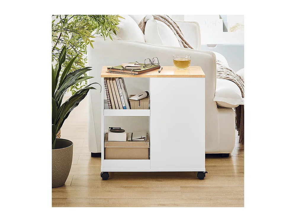SoBuy FBT130-WN Bout de Canapé, Table d'appoint avec 2 Tiroirs, Compartiment Ouvert, Meuble de Rangement à roulettes, Chariot