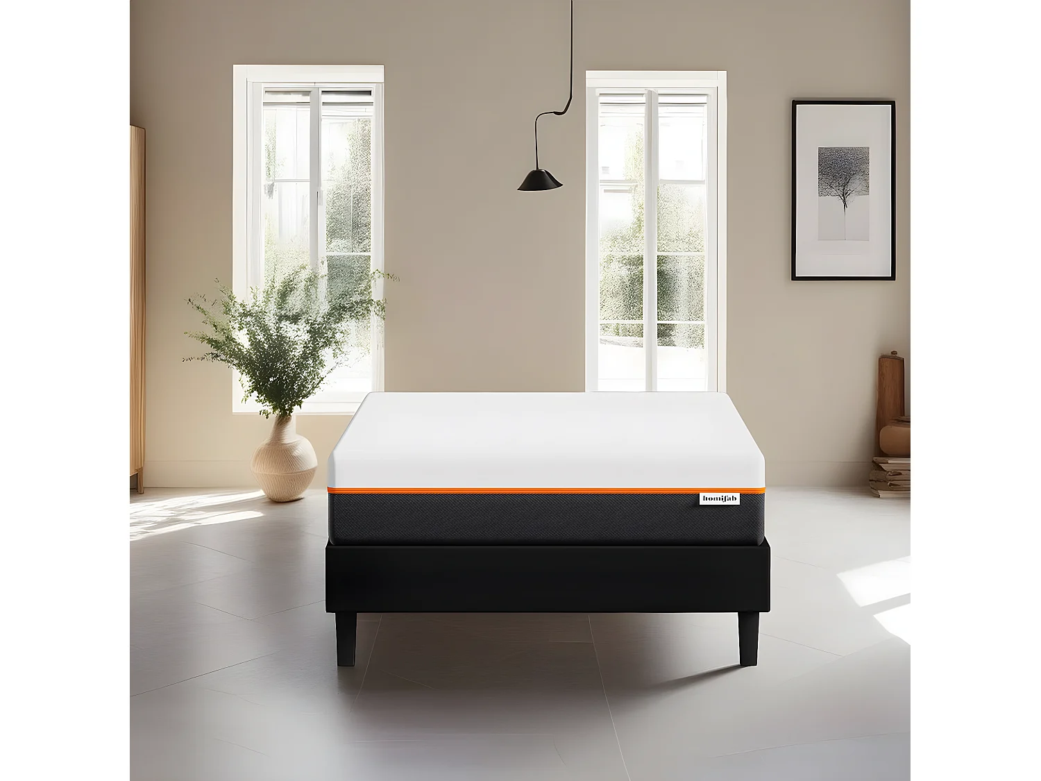 Ensemble sommier à lattes 90x190 cm en tissu noir + Matelas mousse gel à mémoire de forme, double confort - Dual Confort