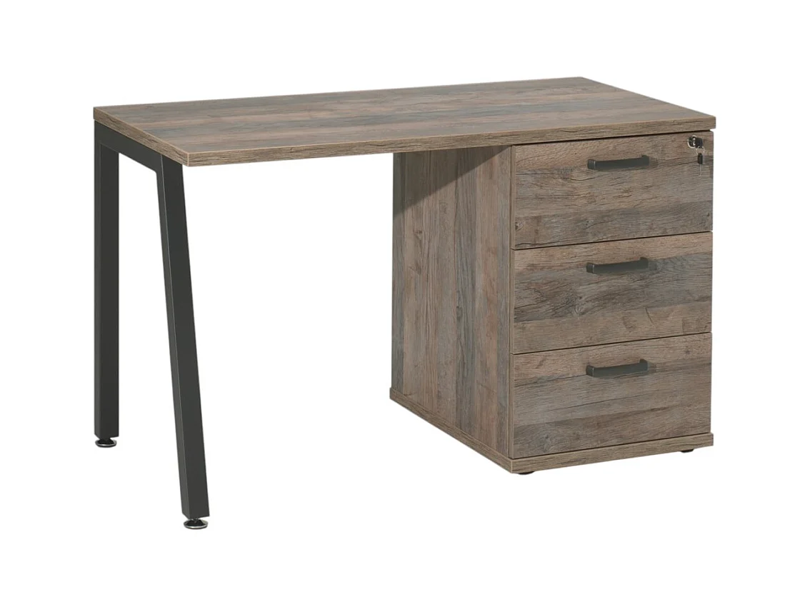 Bureau robuste chêne vieilli avec caisson 3 tiroirs – Collection SUZI – Idéal petit espace