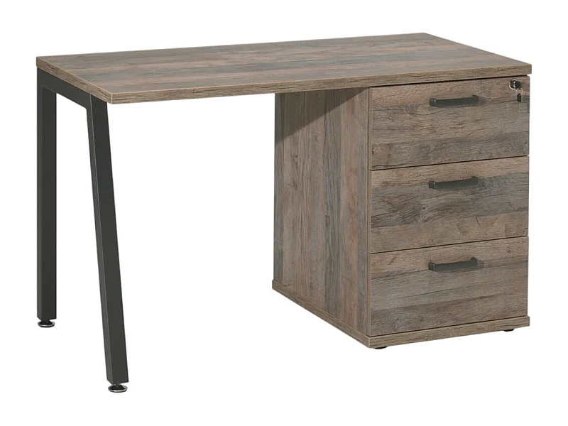 Bureau robuste chêne vieilli avec caisson 3 tiroirs – Collection SUZI – Idéal petit espace