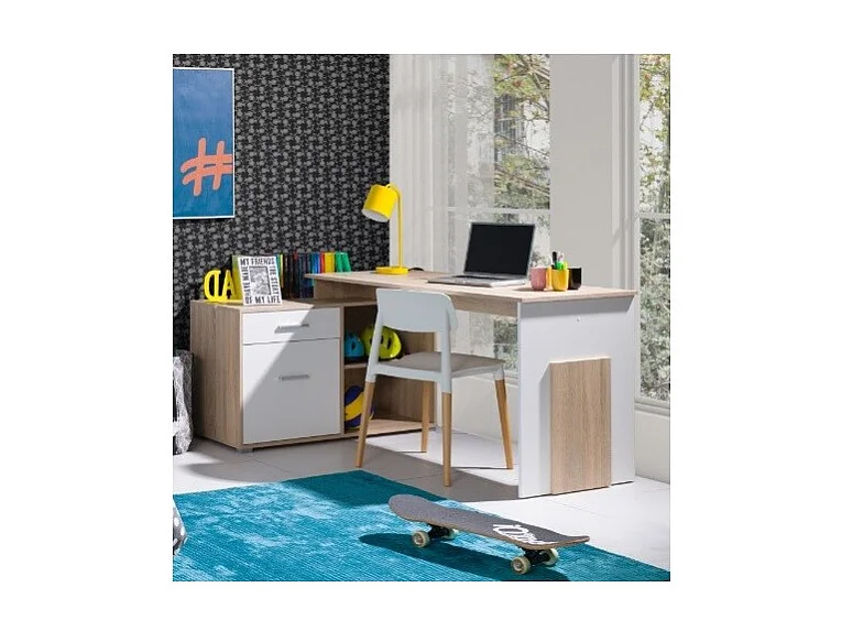 Bureau d'angle - chêne clair et blanc - Collection COMO