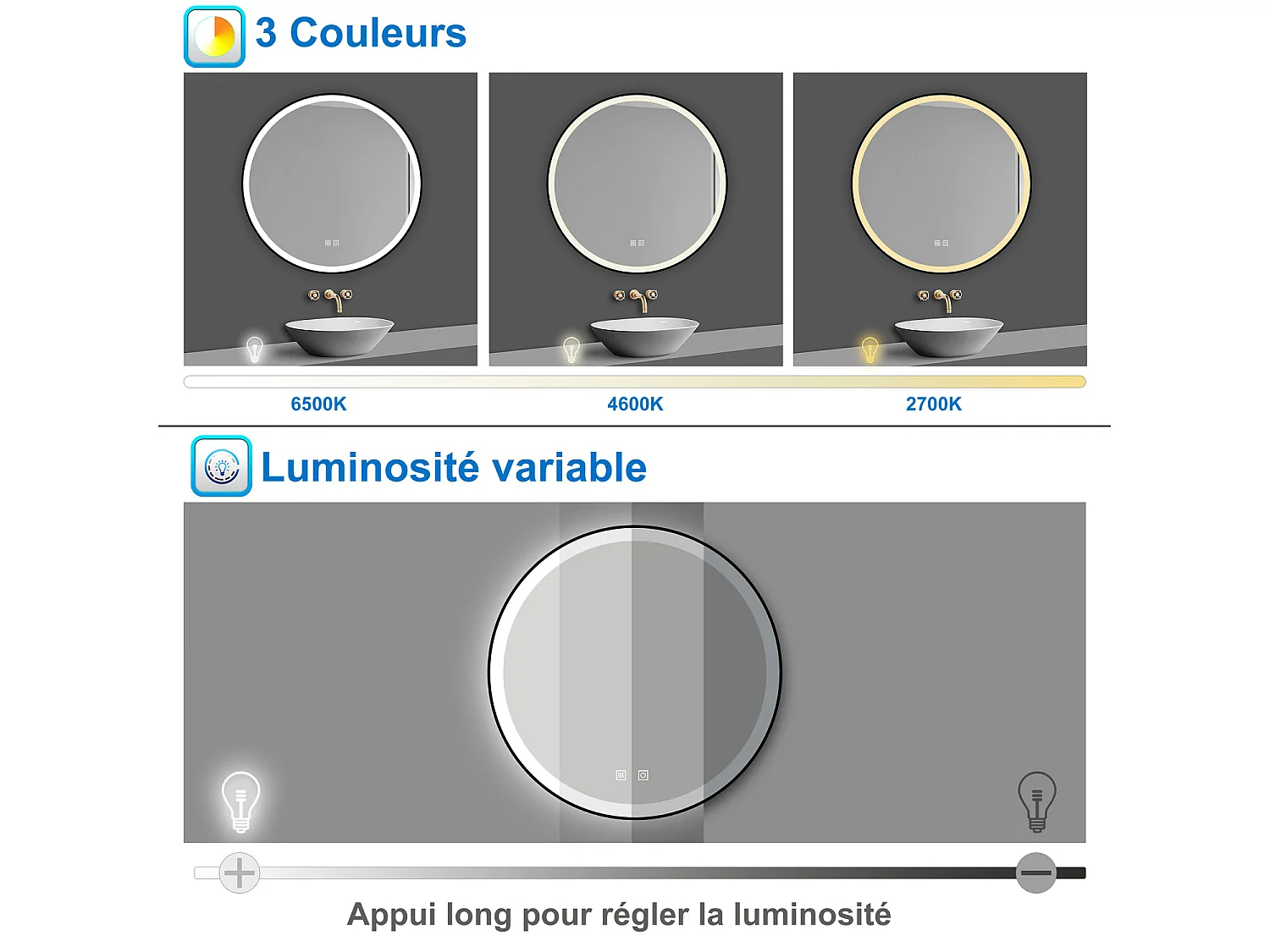 AICA Miroir lumineux 70cm rond, 3 couleurs + anti-buée + dimmable + mémoire, miroir salle de bain