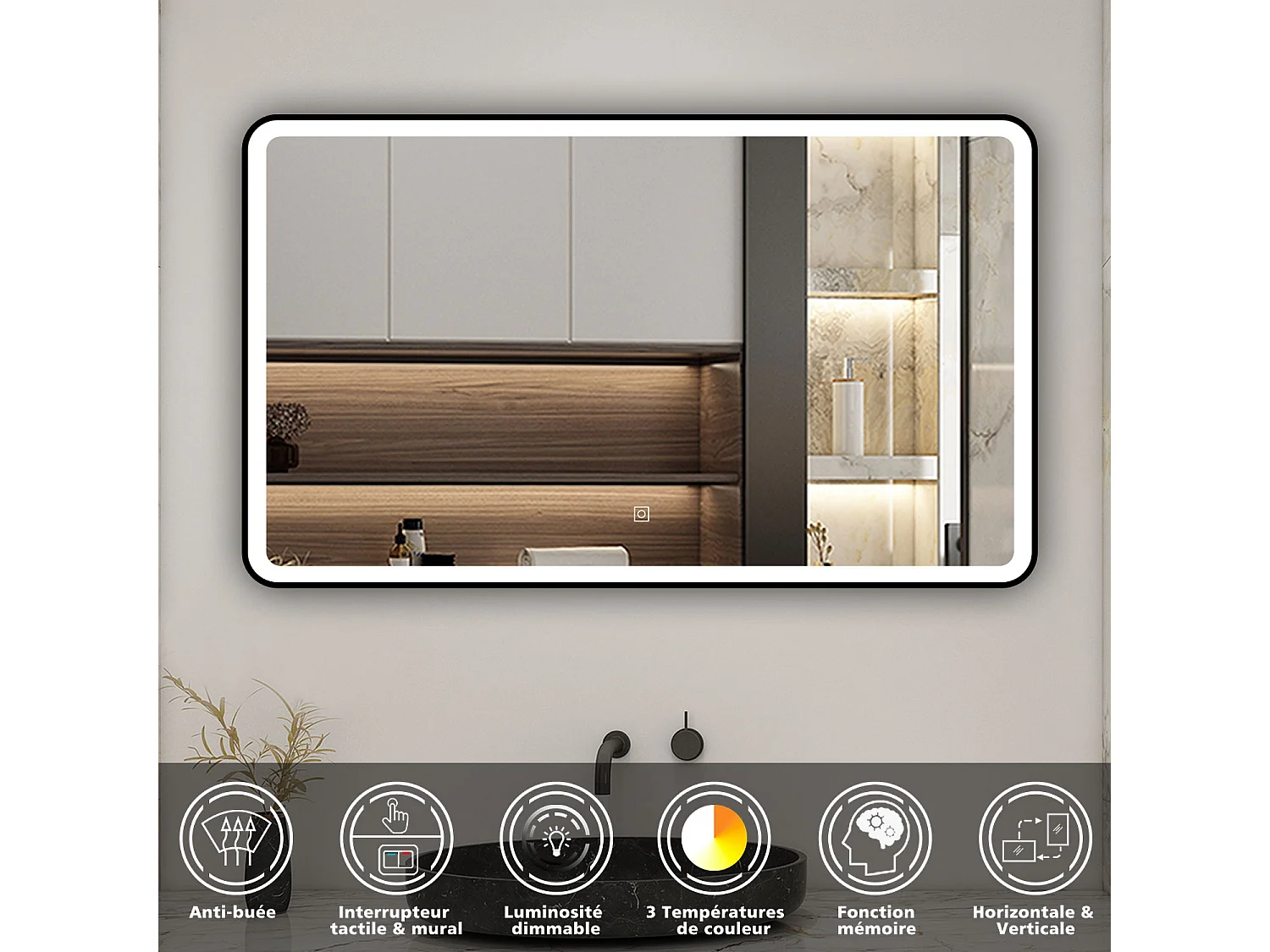 AICA Miroir lumineux 120x70cm 3 couleurs + anti-buée + dimmable + mémoire miroir salle de bain