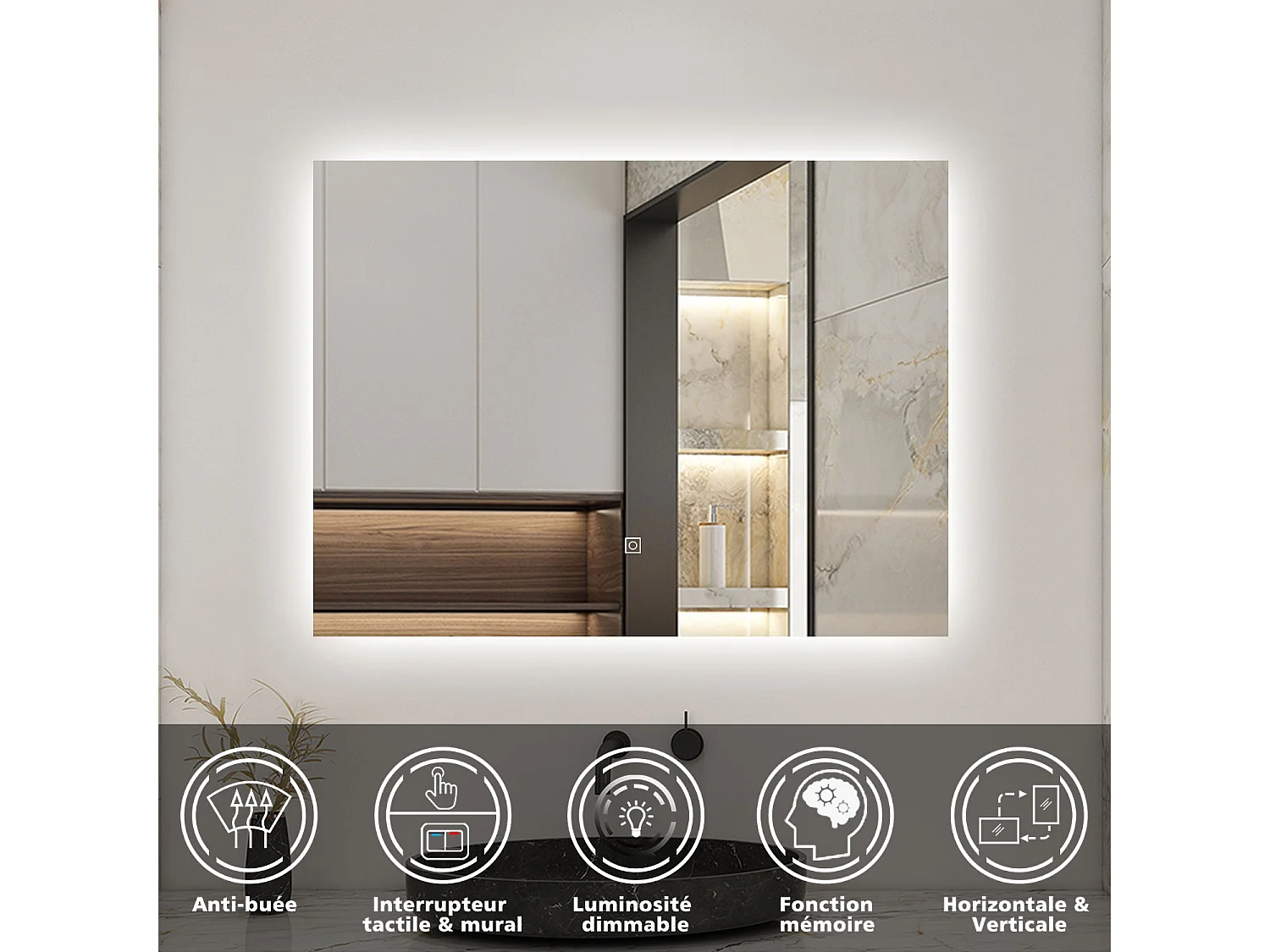 AICA LED Miroir lumineux 70x50cm anti-buée + dimmable + mémoire miroir salle de bain