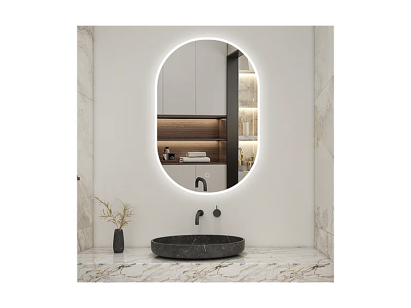 AICA LED Miroir lumineux ovale 45 x 75cm avec anti-buée + 3 Couleurs + dimmable + mémoire, Miroir salle de bain