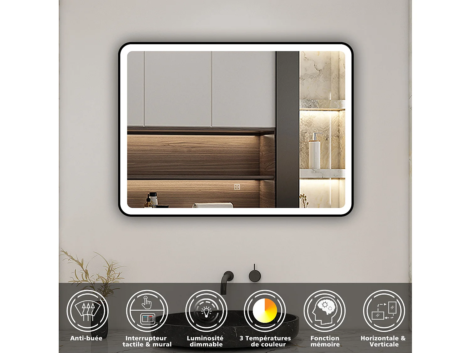 AICA Miroir lumineux 80x60cm 3 couleurs + anti-buée + dimmable + mémoire miroir salle de bain